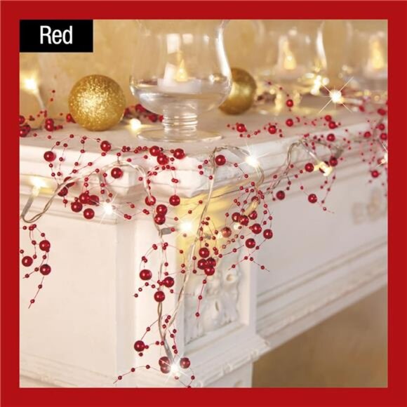 Indoor Christmas Decorations, Festive Lighted Berry Beaded Garland Gold 120" L - Picture 5 of 8